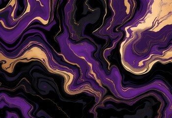 Obraz premium Fluid Purple, Black, and Gold Abstract Marbling: Luxurious Swirls