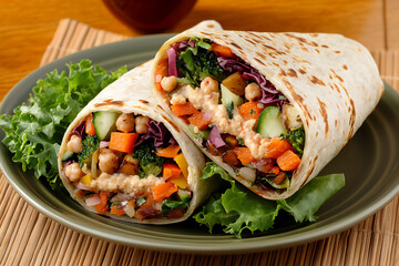  a fresh vegan wrap filled with hummus, roasted vegetables,