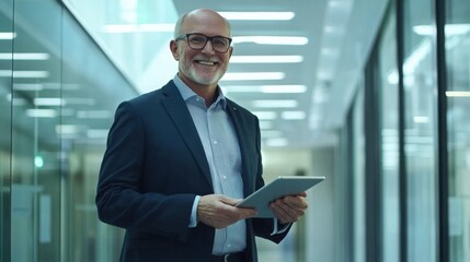 Fototapeta premium Smiling senior Caucasian businessman in a suit holding a tablet in a modern office building. Confident and successful professional.