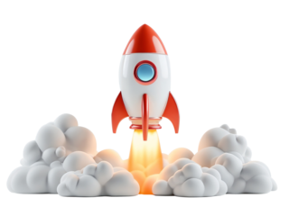 Cartoonish Rocket Ship Taking Off Against White Transparent Background