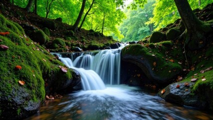 Obraz premium A peaceful corner of nature with a waterfall, free space for text on the side