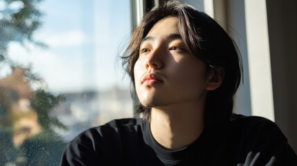 A young person gazes thoughtfully out a window, illuminated by soft sunlight, creating a serene and introspective mood.