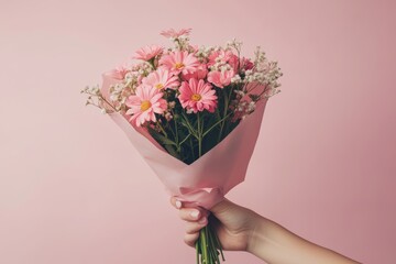 A hand holding a pink paper cone with flowers inside, on a solid background
