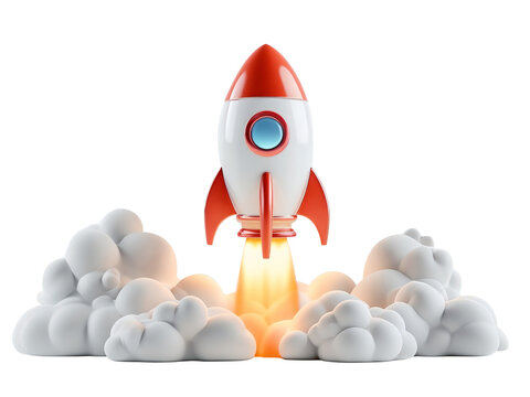 Cartoonish Rocket Ship Taking Off Against White Transparent Background