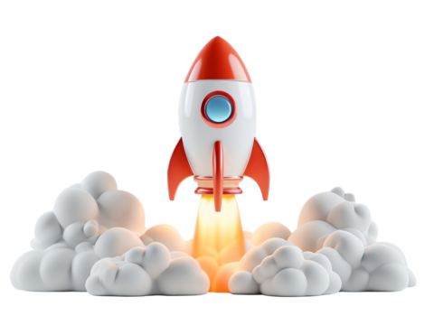 Cartoonish Rocket Ship Taking Off Against White Transparent Background - Powered by Adobe