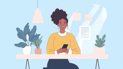 Smiling Black woman sits at her desk, holding a smartphone.  Plants and notes add to her calm workspace.