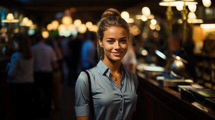 Fototapeta premium attractive saleswoman, cashier serving customers, customer service female working on a laptop.