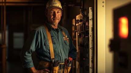 A focused worker stands in a dimly lit industrial setting, wearing a hard hat and tool belt, conveying dedication and professionalism.