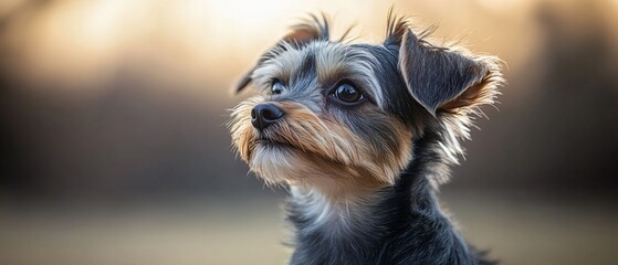 Naklejka premium Small dog looks up at something in the outdoors with blurred background, stock photo use