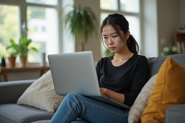 Naklejka premium Young Woman Working from Home on Laptop in a Modern Living Room with Natural Light Creating a Productive and Inspiring Atmosphere, Generative AI