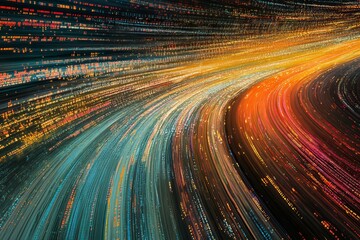  digital data stream flows along a road, symbolizing cyber global communication and coding. This dynamic graphic represents high-speed transfer, showcasing agile digital transformation and disruptive 