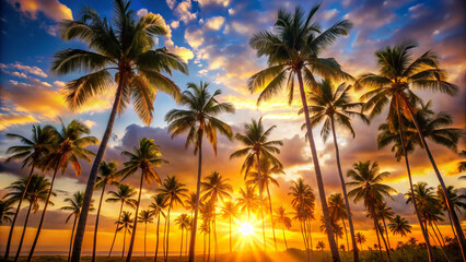 Obraz premium Breathtaking sunset over palm trees with vibrant colors and dramatic clouds