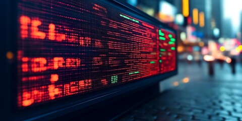 Red LED stock ticker in city at night. (1)