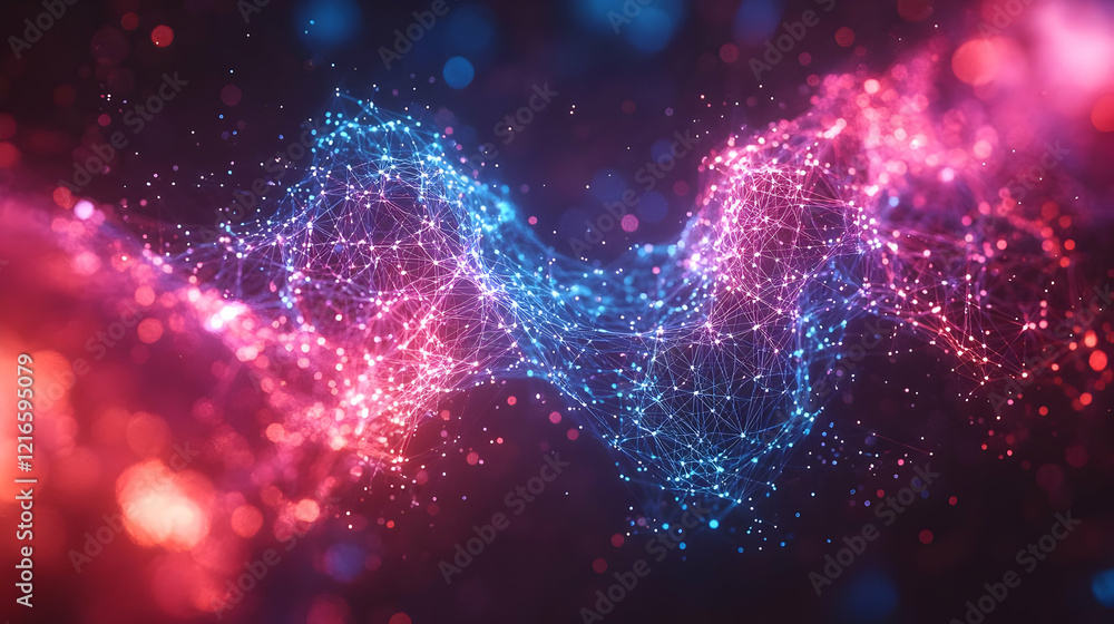 Poster abstract background with vibrant blue and red glowing particles in dynamic motion. futuristic digita