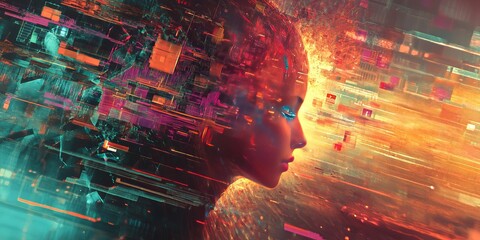 Artistic portrait of a human face infused with digital and neon elements representing AI or cyber concept.