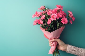 A hand holding a pink paper cone with flowers inside, on a solid background