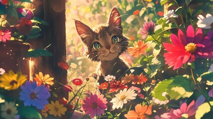 Fototapeta premium Playful kitten peeking through vibrant flowers in a sunlit garden, creating a whimsical scene