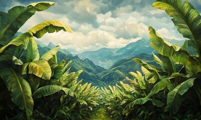 Lush Banana Plantation with Mountainous Background under Cloudy Sky