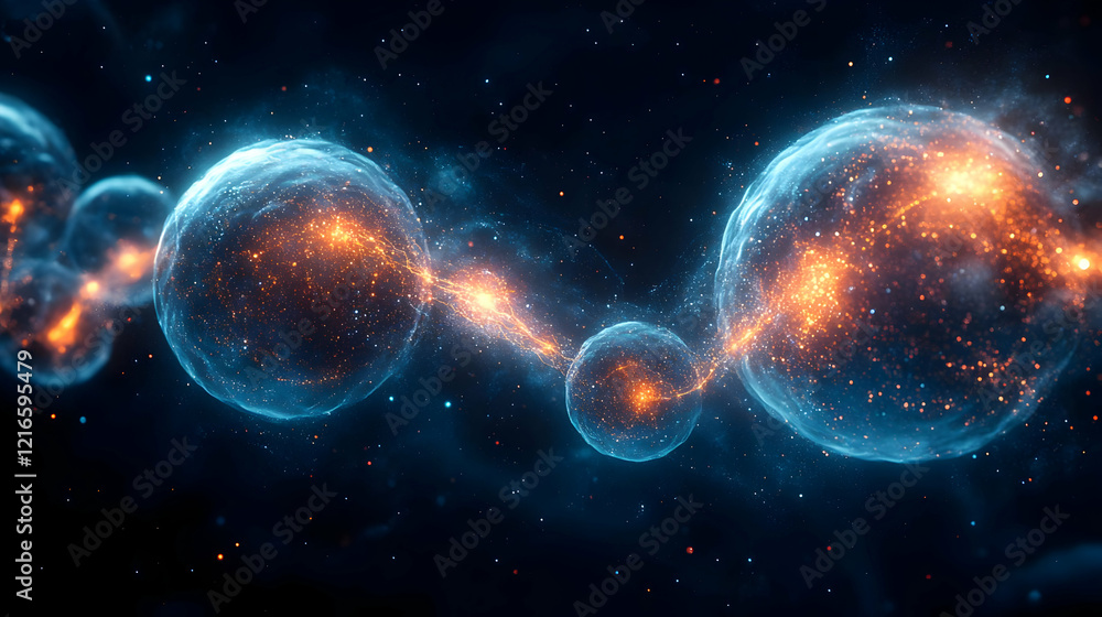 Poster abstract cosmic energy flow: glowing particles and spheres in dynamic connection