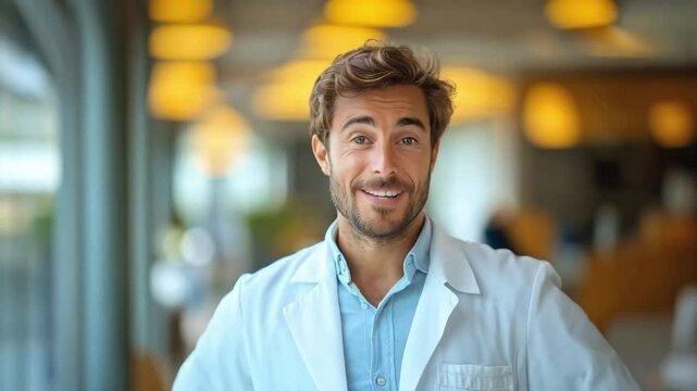 A healthcare professional stands in a hospital, dressed in a white coat. He smiles warmly, ready to assist patients. Soft lighting and a welcoming atmosphere enhance the environment, promoting care.