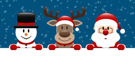 Schneemann Rentier Und Weihnachtsmann Halten Banner Schnee Dunkelblau Dunkelrot