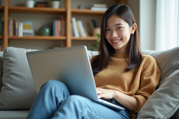 Naklejka premium Young Woman Working from Home on Laptop in a Modern Living Room with Natural Light Creating a Productive and Inspiring Atmosphere, Generative AI