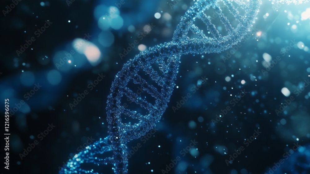 Poster close-up view of a shimmering blue dna double helix structure on a soft blurred background, represen