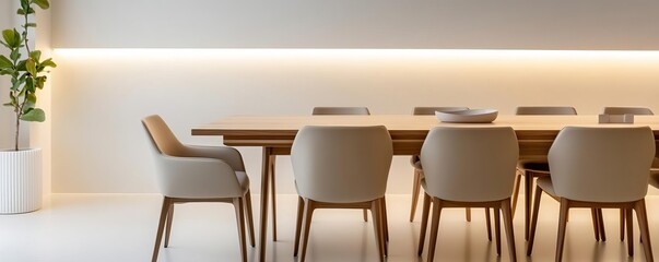 Contemporary dining room featuring beige chairs, sleek wooden table, and subtle lighting