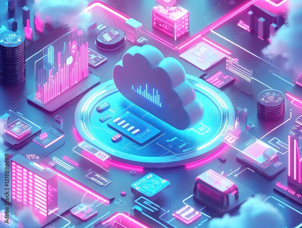 Poster futuristic cloud computing and data storage concept with glowing neon lights and abstract shapes.