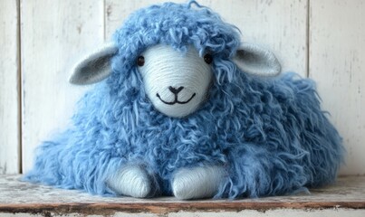 Large blue fluffy sheep toy with long soft woolly fleece, animal, handmade