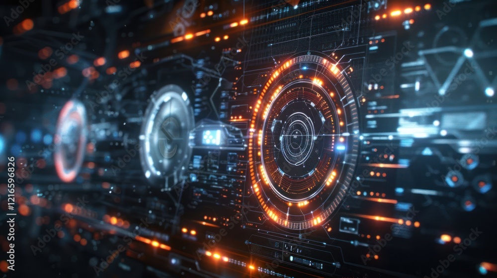 Poster futuristic digital interface with glowing elements and data visualization in a tech environment