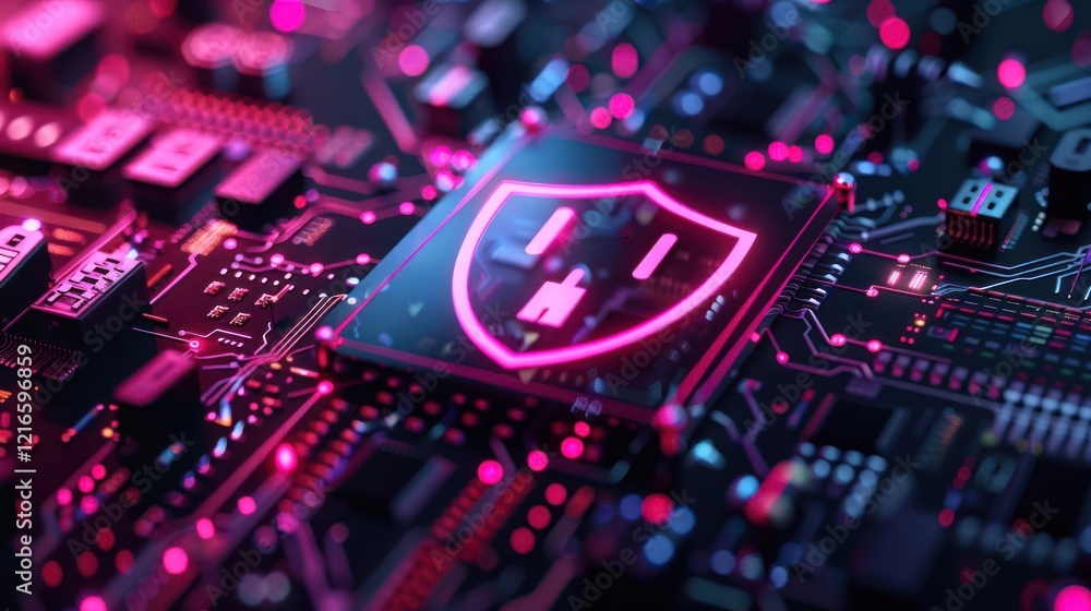 Poster close-up of a futuristic circuit board featuring a glowing shield symbolizing cybersecurity protecti