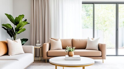 Contemporary living area featuring camel-colored seating and brass accents