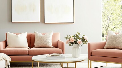 Contemporary living area featuring camel-colored seating and brass accents