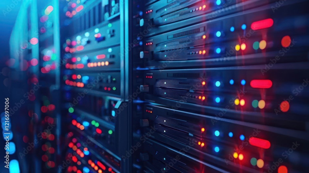 Poster close-up view of illuminated server racks in a data center showcasing vibrant led lights