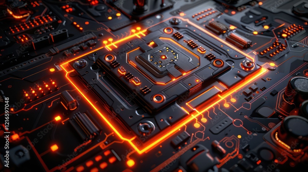 Poster close-up of a futuristic circuit board with glowing components and intricate details