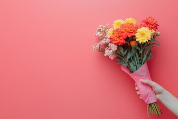 A hand holding a pink paper cone with flowers inside, on a solid background