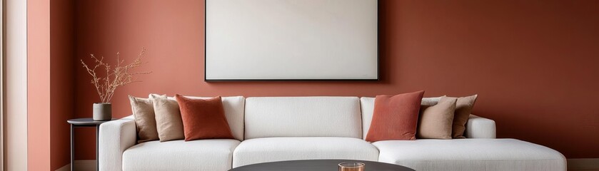 Contemporary living room with muted terracotta tones and oversized art