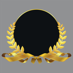 Empty decorative emblem with golden laurel leaves, ribbon. Vector on a gray background