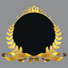 Empty decorative emblem with golden laurel leaves, ribbon and crown on top. Vector on a gray background