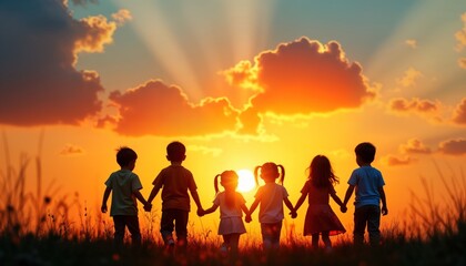 Silhouette of children holding hands during sunset. Walk together in field with vibrant sunset sky full of clouds. Scene evokes happiness, friendship, unity among children. Ideal for international