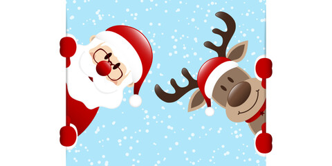 Weihnachtsmann Und Rentier Banner Innen Schnee Blau Dunkelrot