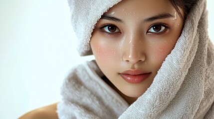 Post-spa refreshing beauty portrait indoor setting close-up soft lighting serene mood
