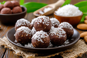  a plate of homemade vegan energy balls made with dates, nuts,