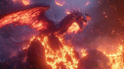 Fototapeta premium A vibrant fantasy world featuring a dragon roaring atop a burning mountain, its wings illuminated by the fiery inferno