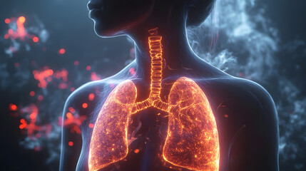 Woman mesothelioma glowing depiction of lungs showing cancerous growth in the pleura