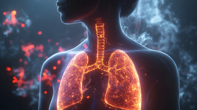 Woman mesothelioma glowing depiction of lungs showing cancerous growth in the pleura