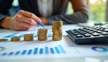 Business person review financial data. Stacks of coins represent budget growth. Charts, graphs show financial performance. Calculator sits nearby for budget calculations. Person reviews investment