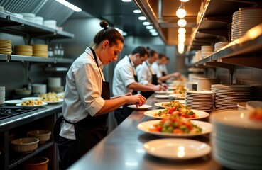 Professional chefs prepare meals in busy restaurant kitchen. Work efficiently, quickly in well-organized environment. Food plated, ready to served to customers. Scene shows fast-paced, dedicated work