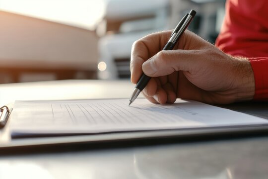 Truck Driver Completing Detailed Inspection Forms Outdoors, Diligent Documentation and Vehicle Maintenance
